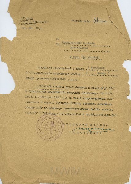 KKE 5566.jpg - Dok. Pismo z Dyrekcji Okręgu Poczt i Telekomunikacji do Michała Katkowskiego dotyczące uposażenia zasadniczego, Olsztyn, 31 VII 1947 r.